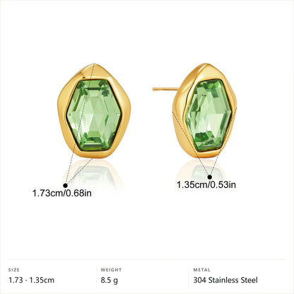Organic Hexagon Bezel Stud Earrings — Green Bezel Stud · Gold