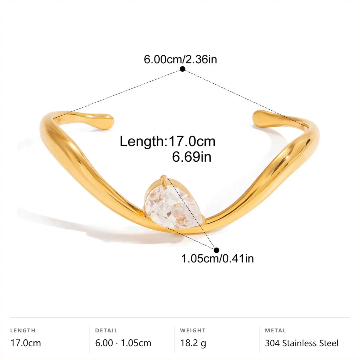Open Cuff Bracelet — Teardrop Solitaire Cuff · Gold