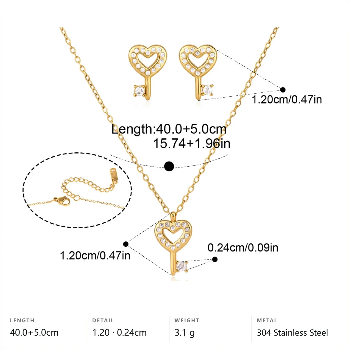 Crystal Key Jewelry Set — Heart CZ Key Set · Gold