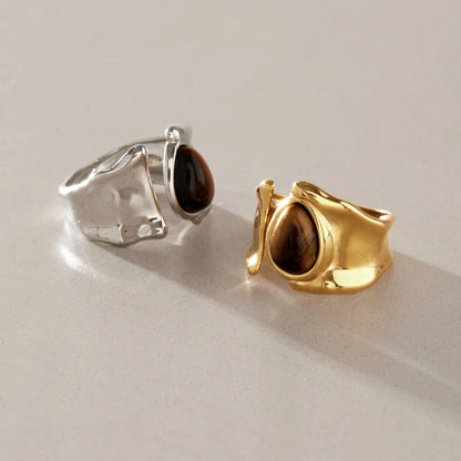 Organic Teardrop Tiger Eye Two Tone Ring