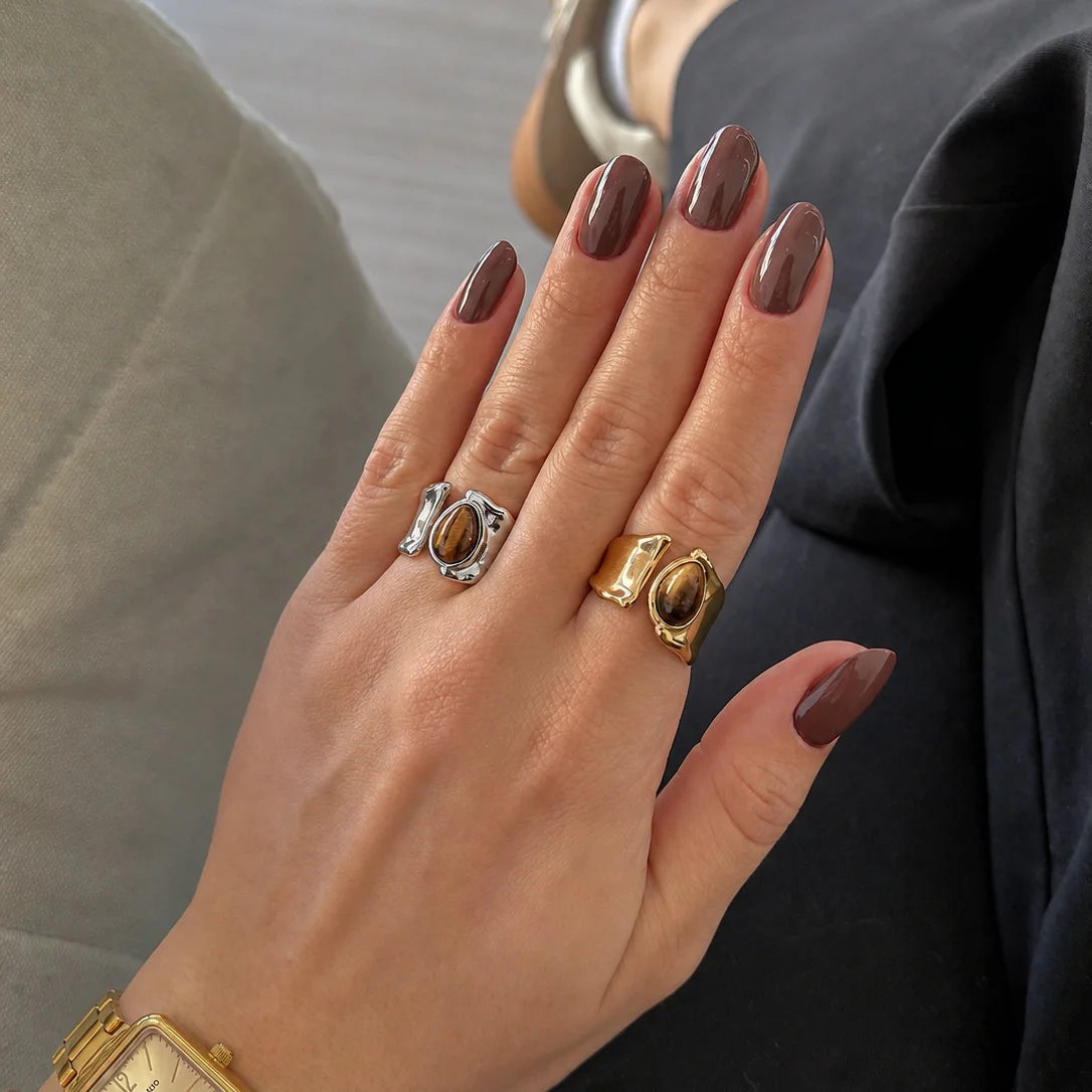 Organic Teardrop Tiger Eye Two Tone Ring — view 3