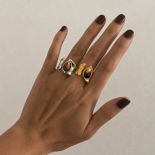 Organic Teardrop Tiger Eye Two Tone Ring — view 2