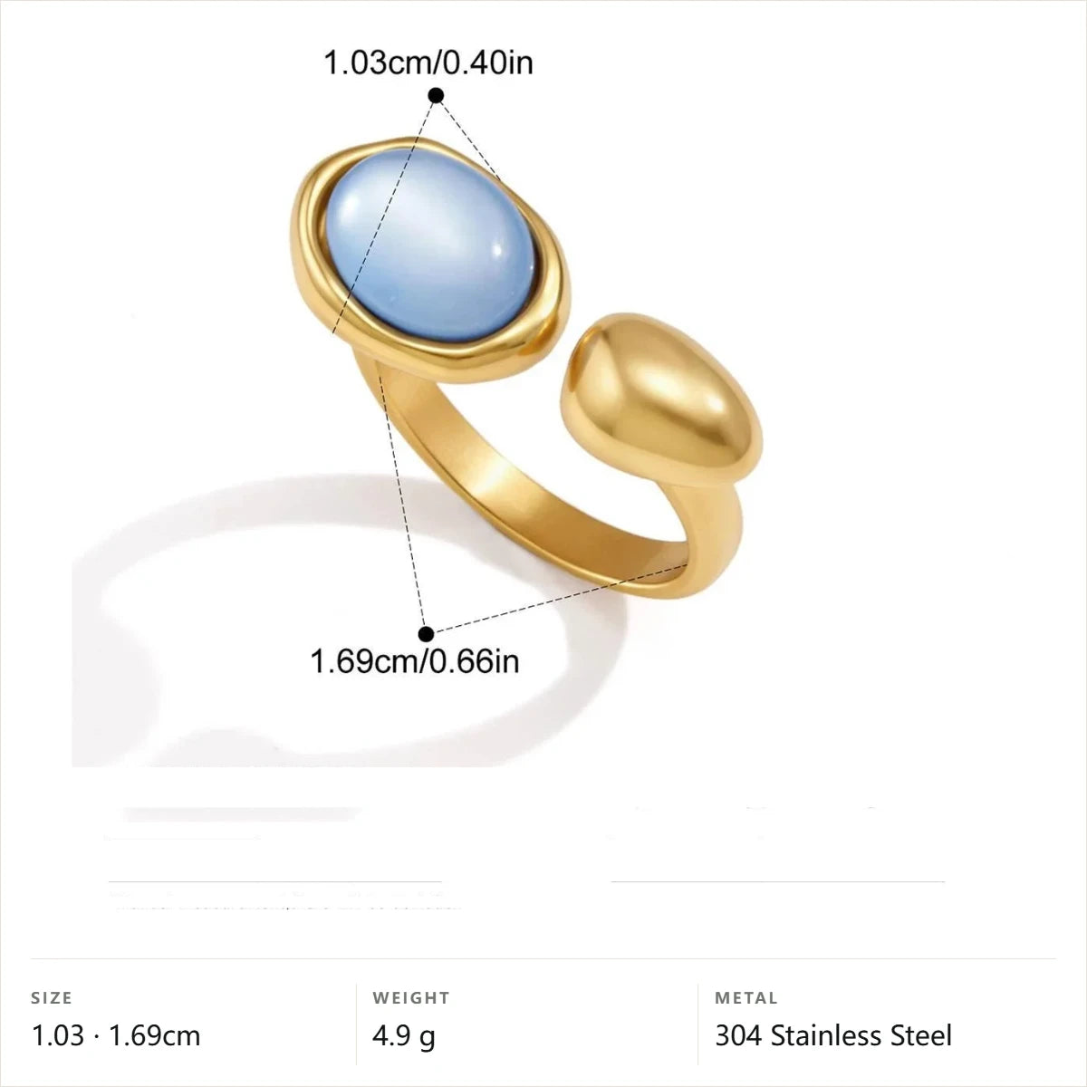 Cool Blue Pearl Geometric Ring — Oval Cabochon Open Band · Gold · -