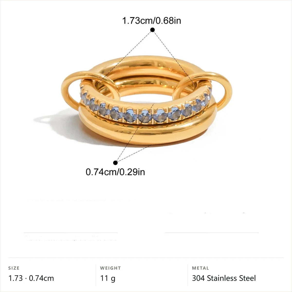 Cool Blue Pearl Geometric Ring — Chunky Stacked Pave Band · Gold · 7