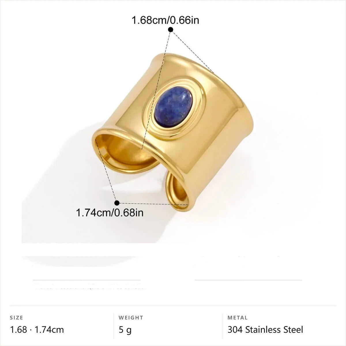 Vintage Boho Evil Eye Ring — Wide Lapis Cabochon Band · Gold · -