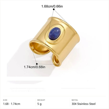 Vintage Boho Evil Eye Ring — Wide Lapis Cabochon Band · Gold · -