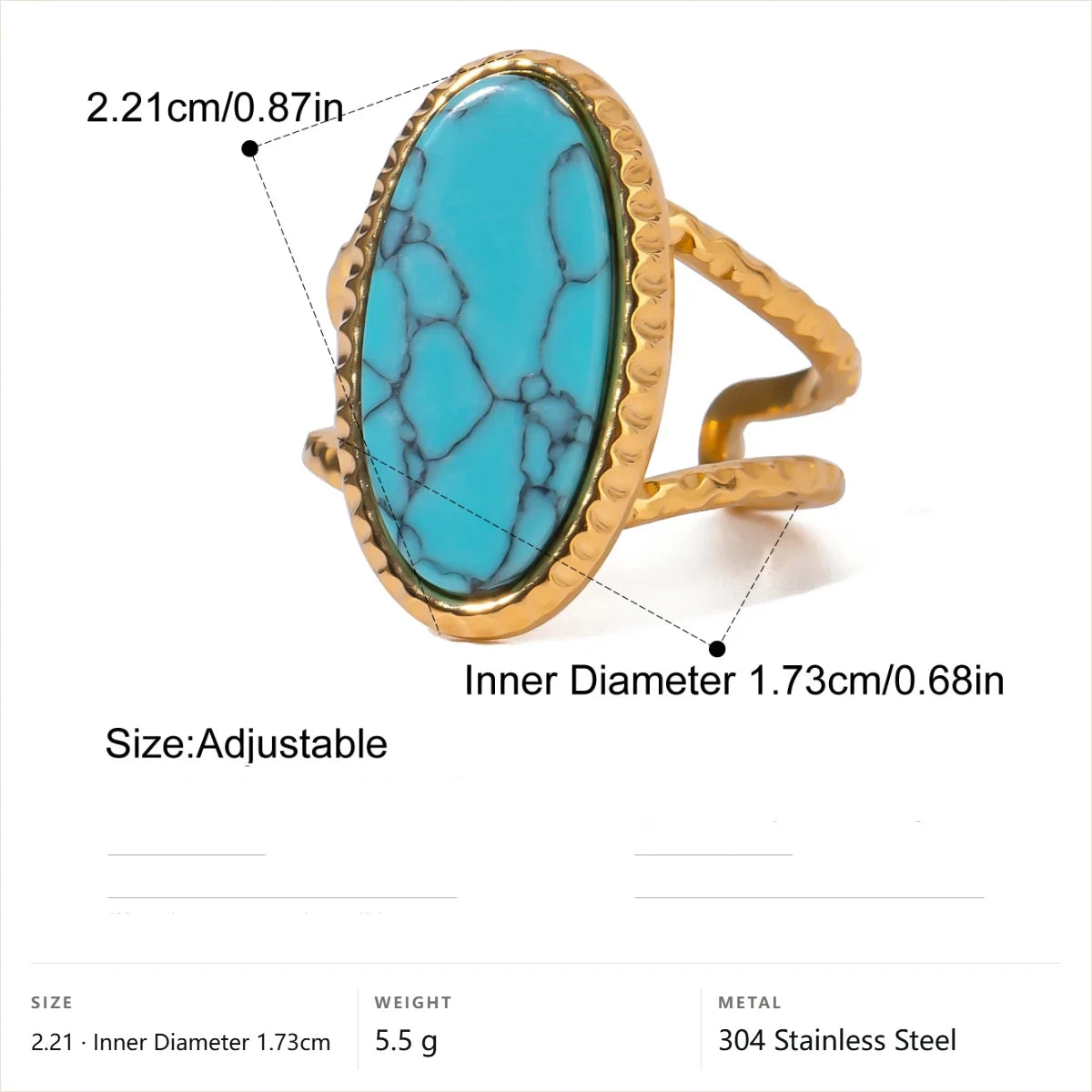 Vintage Boho Evil Eye Ring — Adjustable Oval Turquoise · Gold · -