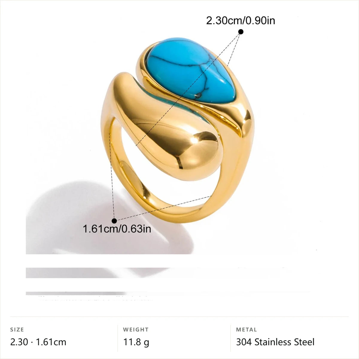 Vintage Boho Evil Eye Ring — Sculptural Teardrop Turquoise · Gold · -