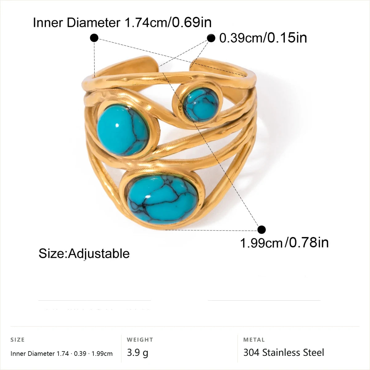Vintage Boho Evil Eye Ring — Triple Stone Wrapped Band · Gold · -