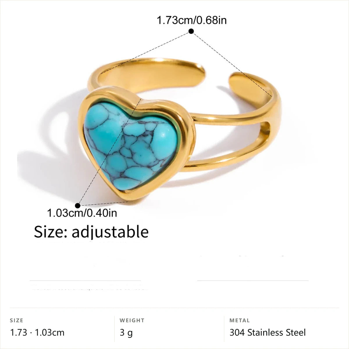 Vintage Boho Evil Eye Ring — Heart Turquoise Adjustable · Gold · -
