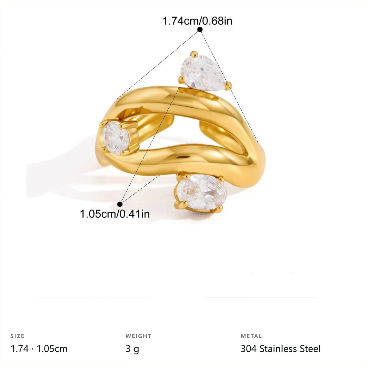 Chunky Bold Ring Set — Triple Stone Twist Ring · Gold