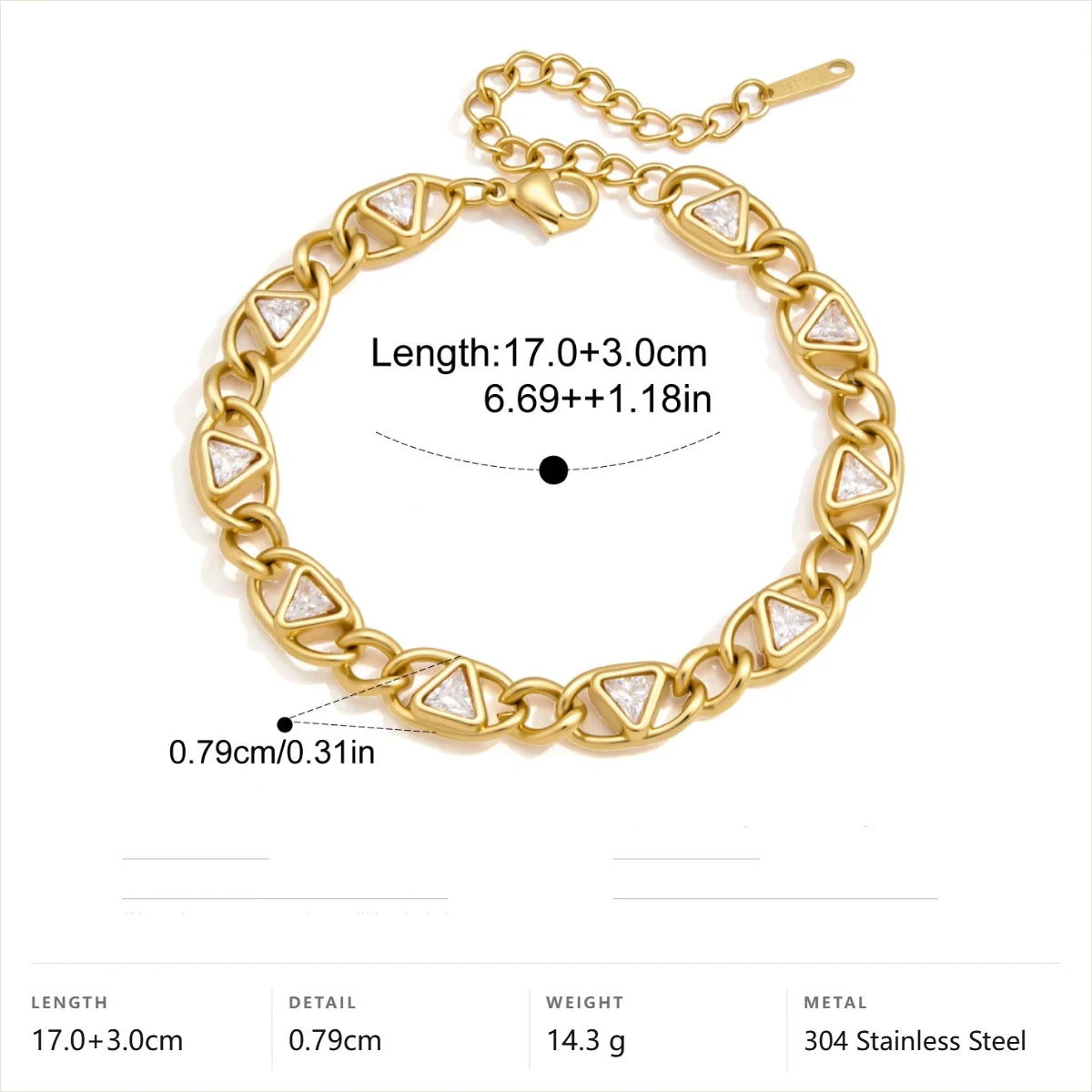 Geometric Crystal Cluster Bracelet — Triangle Link Clear Stone · Gold