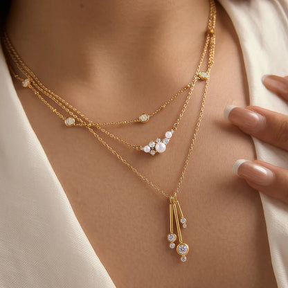 Imitation Pearl Cubic Zirconia Cluster Necklace — view 2