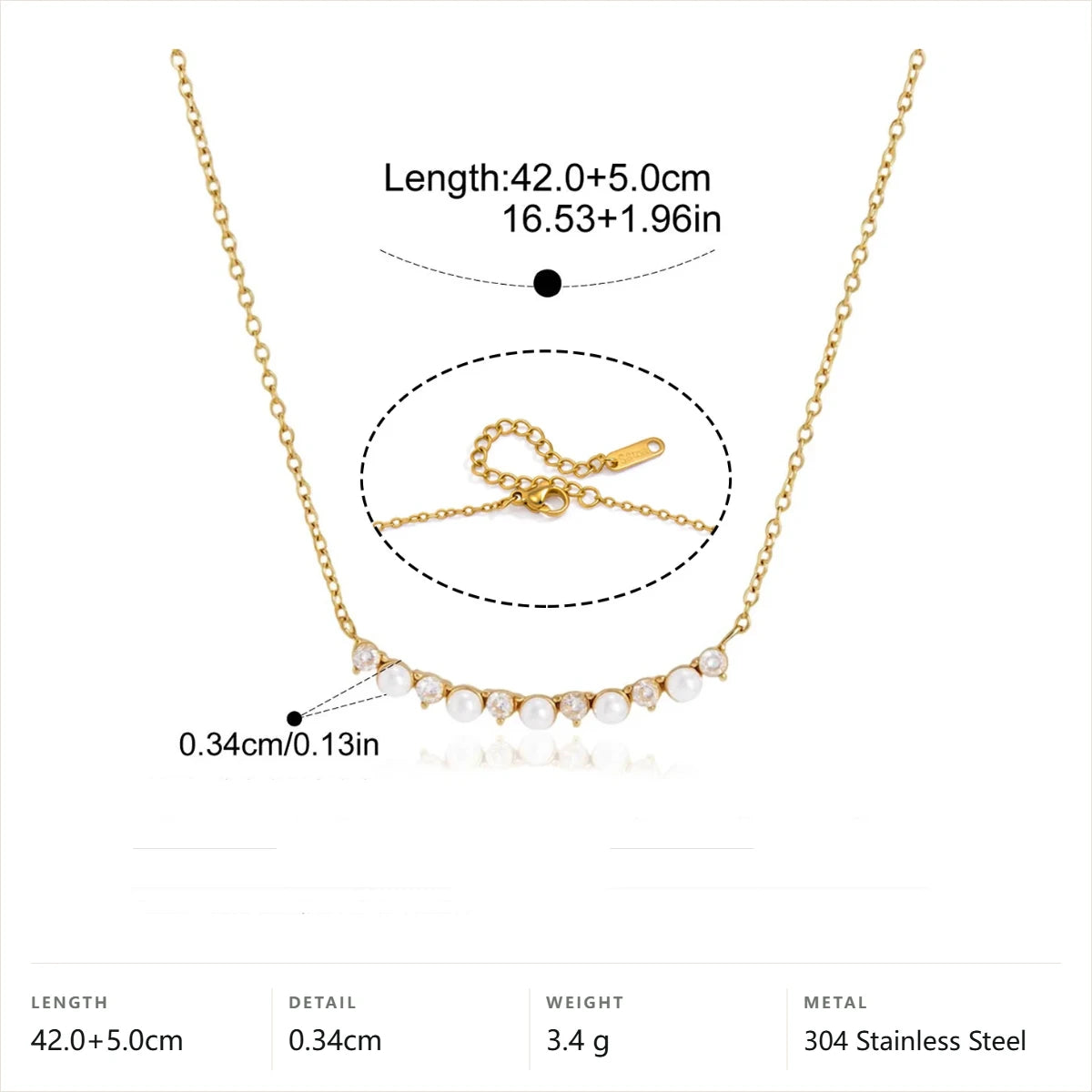 Mixed Shape Birthstone Necklace — Pearl Curved Row · Gold