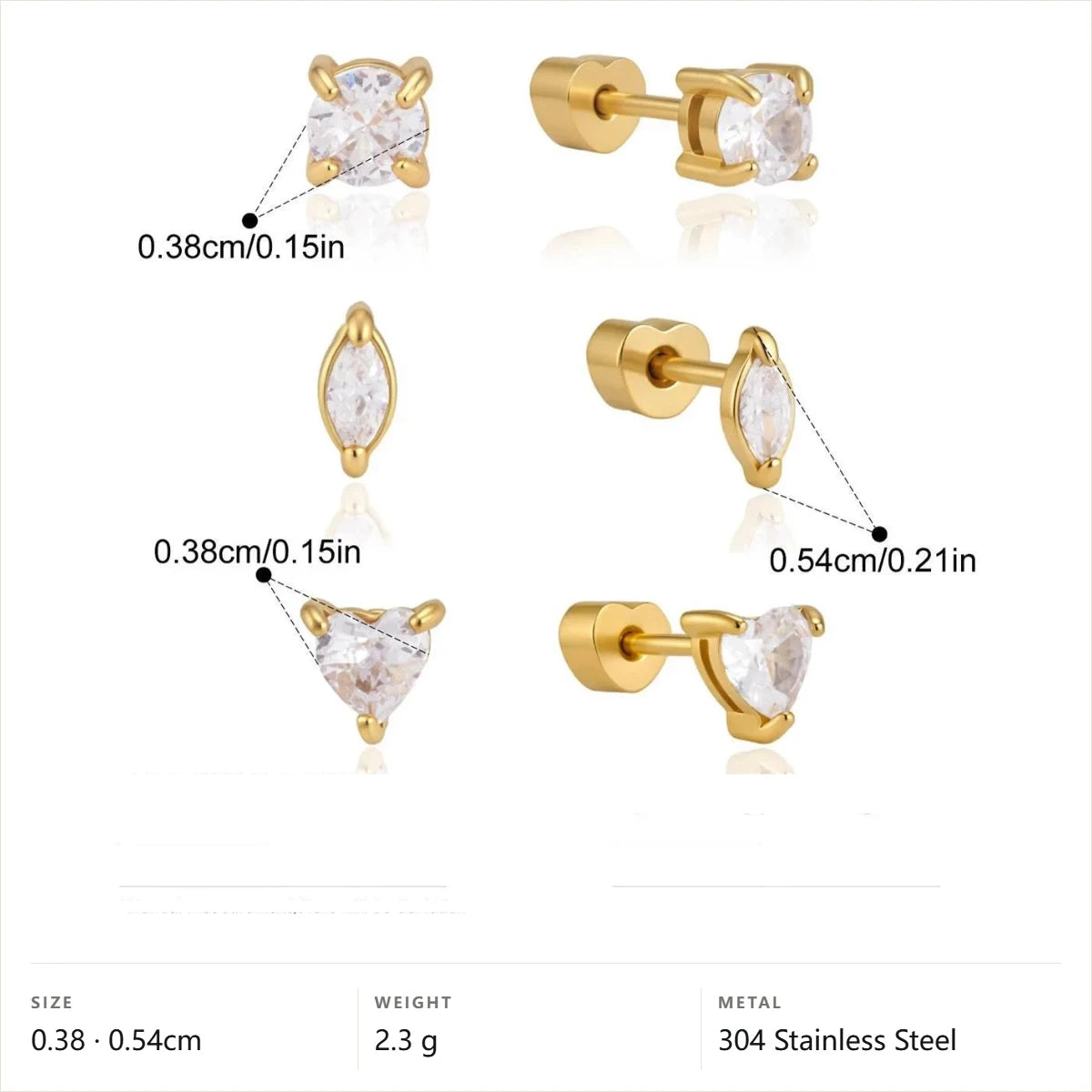 Celestial Stud Earrings — Prong Round Marquise Heart Sets · Gold