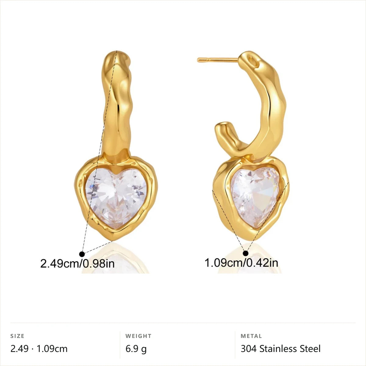 Chunky Heart Pear Drop Earrings — Textured Heart CZ · Gold