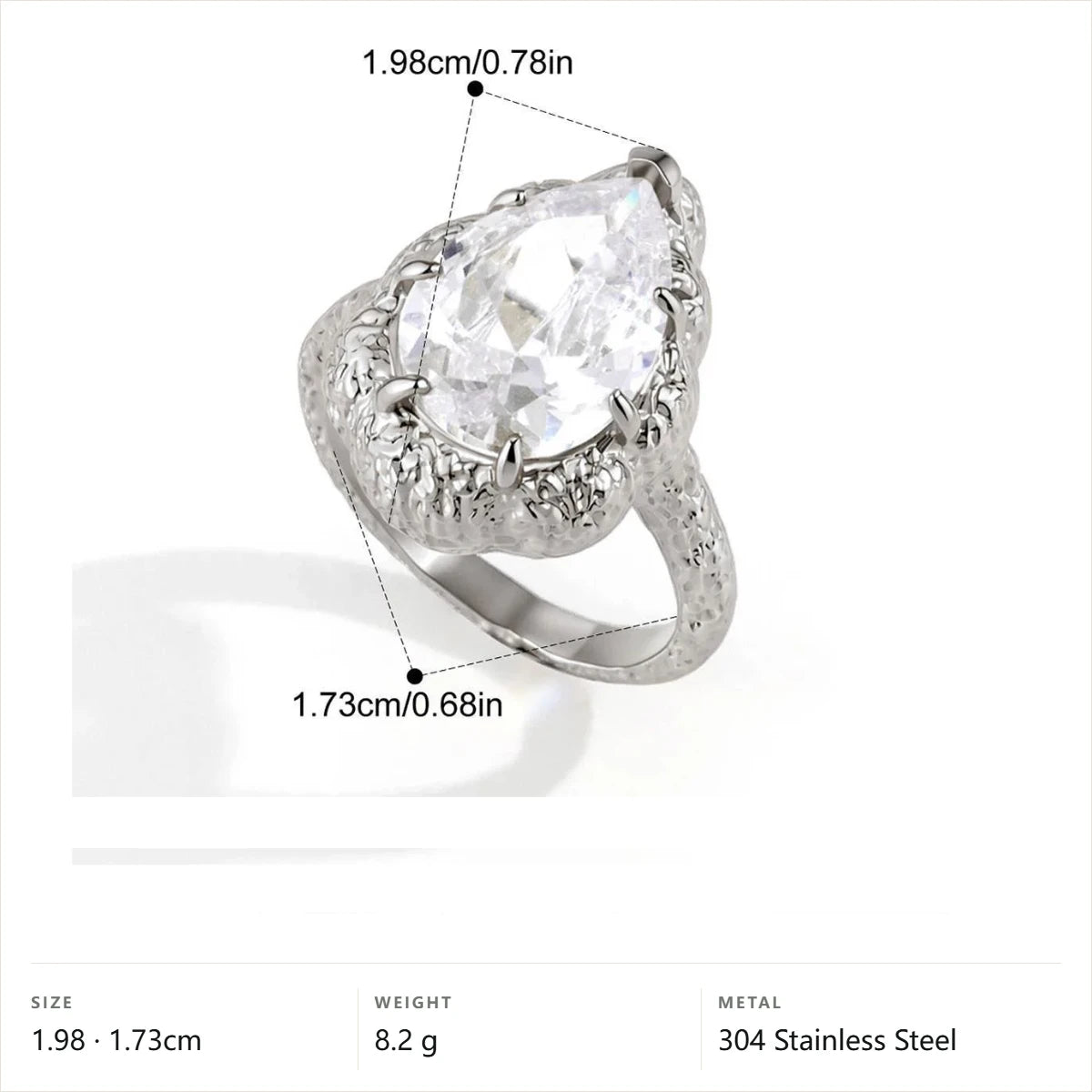 Vintage Chunky Birthstone Ring — Silver Pear Textured · Silver · 7