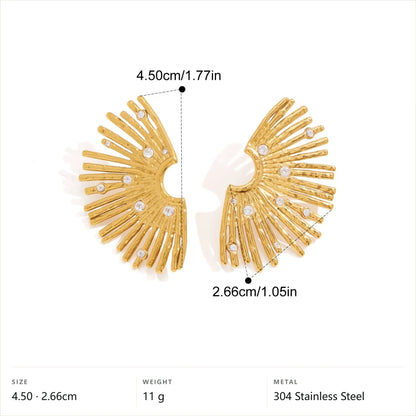 Hammered Sunburst Fan Earring — Crystal Studded Sunburst · Gold