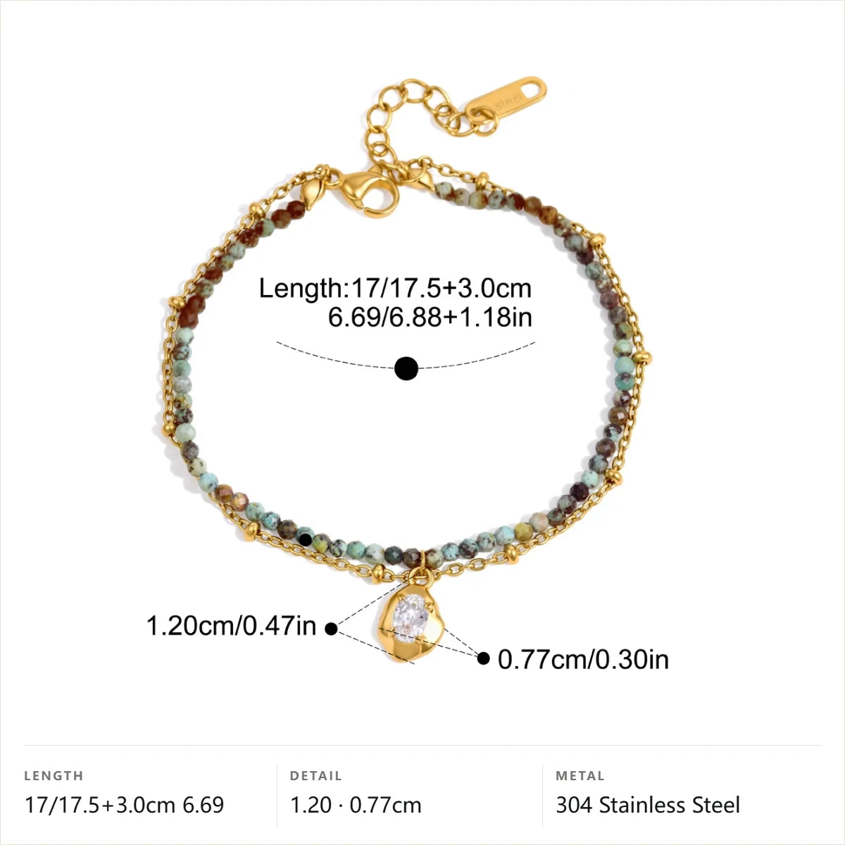 Teardrop Charm Natural Stone Beaded Bracelet — Touquoise · Gold