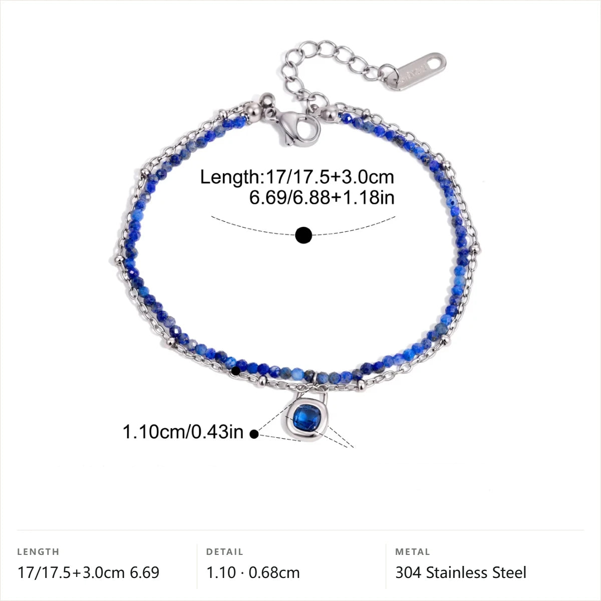 Teardrop Charm Natural Stone Beaded Bracelet — Lapis Lazuli · Silver