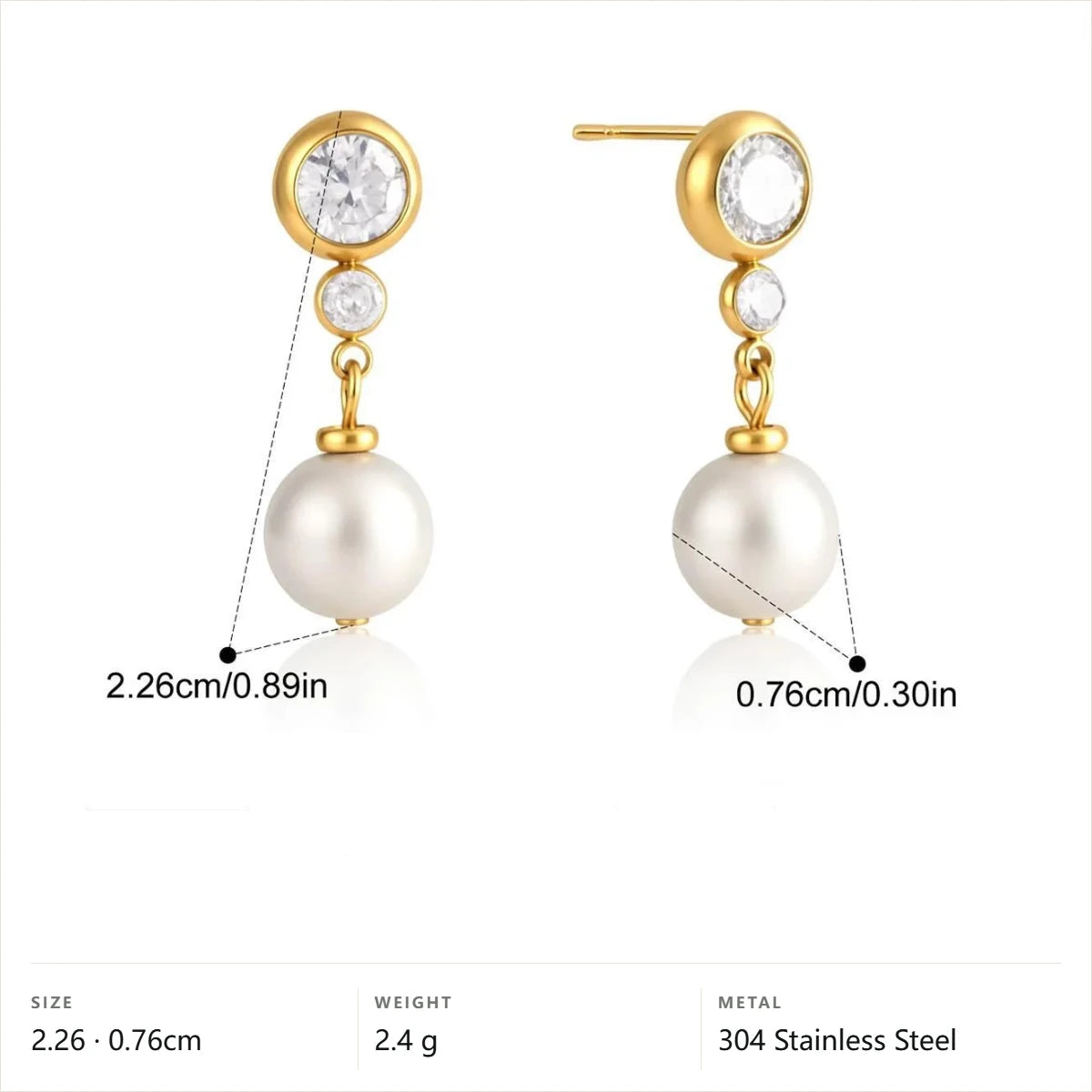 Imatation Pearl & Cubic Zirconia Drop Earrings — Round Stud Pearl Drop · Gold