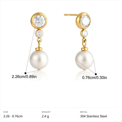 Imatation Pearl & Cubic Zirconia Drop Earrings — Round Stud Pearl Drop · Gold