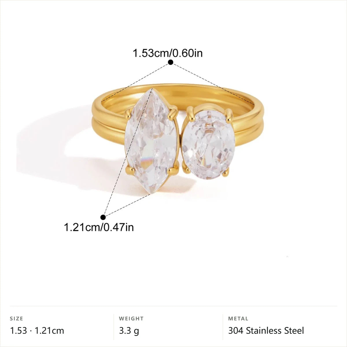 Geometric Kite Cut Solitaire Ring — Marquise Oval Two-Stone · Gold · 5