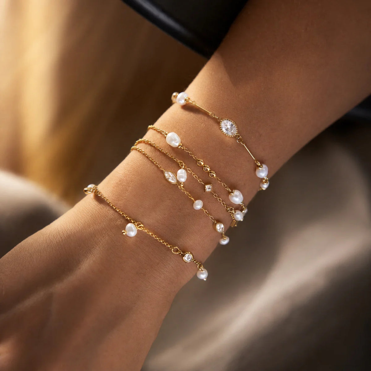 Bezel CZ& Imitation Pearl Charm Bracelet — view 3