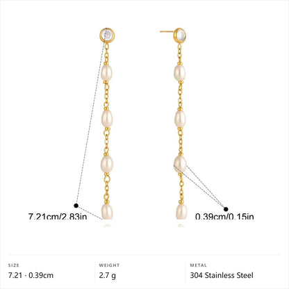 Pearl Chain Dangle Earrings — Long Pearl Chain Dangle · Gold