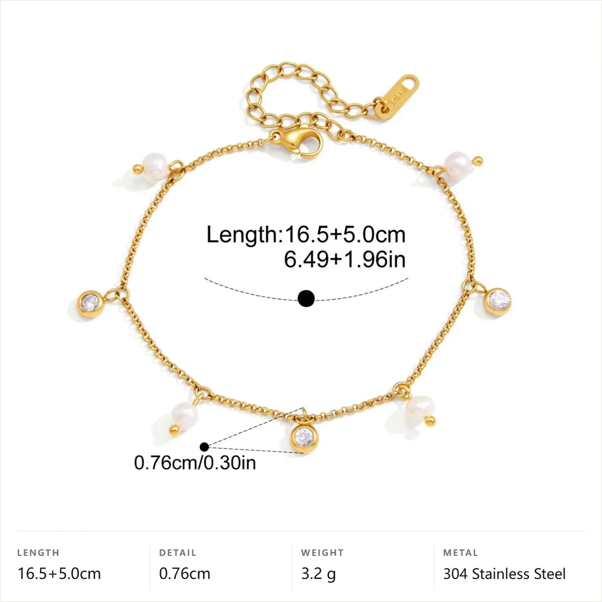 Bezel CZ& Imitation Pearl Charm Bracelet — Round Bezel Pearl Charms · Gold