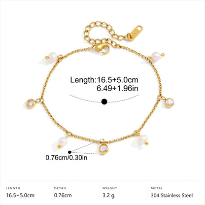 Bezel CZ& Imitation Pearl Charm Bracelet — Round Bezel Pearl Charms · Gold