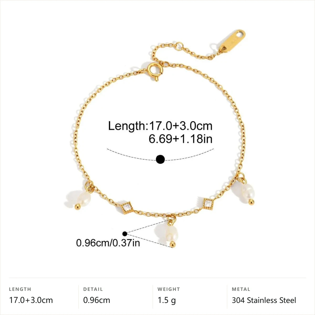 Bezel CZ& Imitation Pearl Charm Bracelet — Square Bezel Pearl Drops · Gold