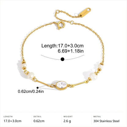 Bezel CZ& Imitation Pearl Charm Bracelet — Oval Solitaire Pearl Bar · Gold