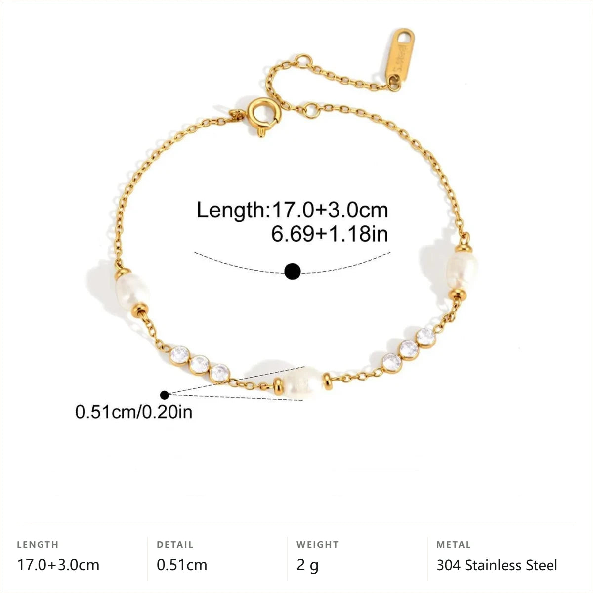Bezel CZ& Imitation Pearl Charm Bracelet — Round Stone Pearl Chain · Gold