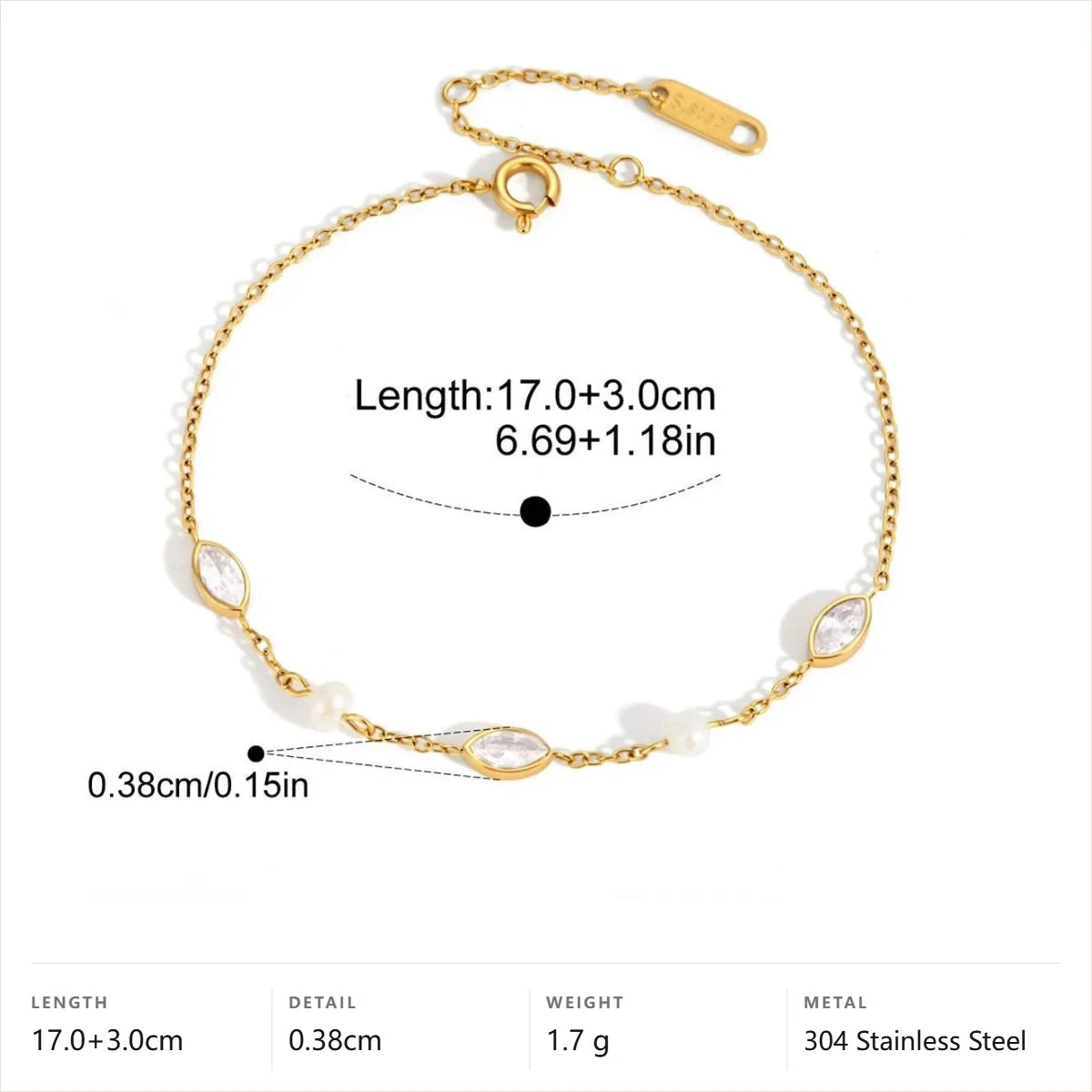 Bezel CZ& Imitation Pearl Charm Bracelet — Marquise Stone Pearl Chain · Gold