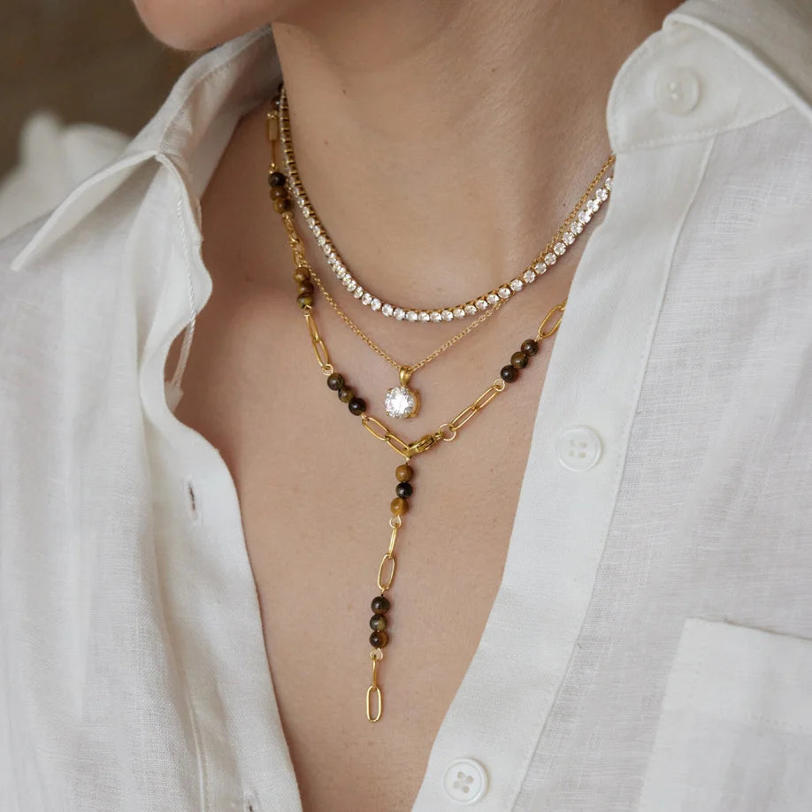 Minimal Lariat Tiger Eye Pendant Necklace — view 2