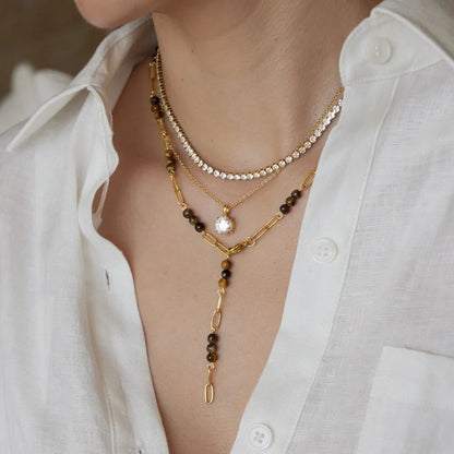 Minimal Lariat Tiger Eye Pendant Necklace — view 2