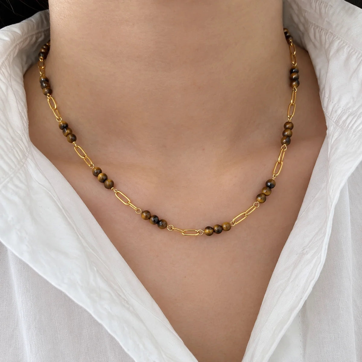 Minimal Lariat Tiger Eye Pendant Necklace — view 3