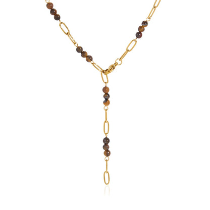 Minimal Lariat Tiger Eye Pendant Necklace — view 5