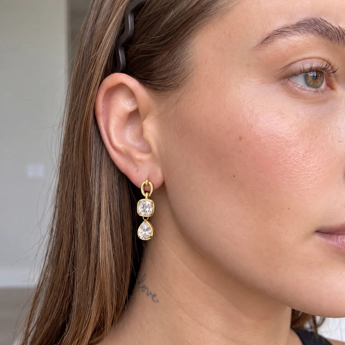 Heart Cushion Pear Drop Earrings — view 2