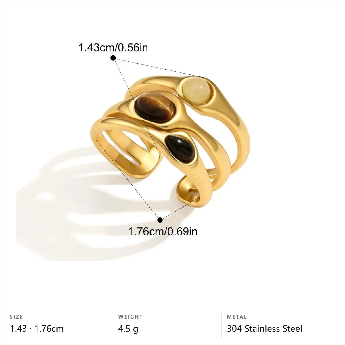 Open Bypass Stone Ring — Tiger Eye & Black Obsidian & Agate · Gold