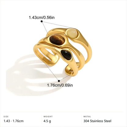Open Bypass Stone Ring — Tiger Eye & Black Obsidian & Agate · Gold