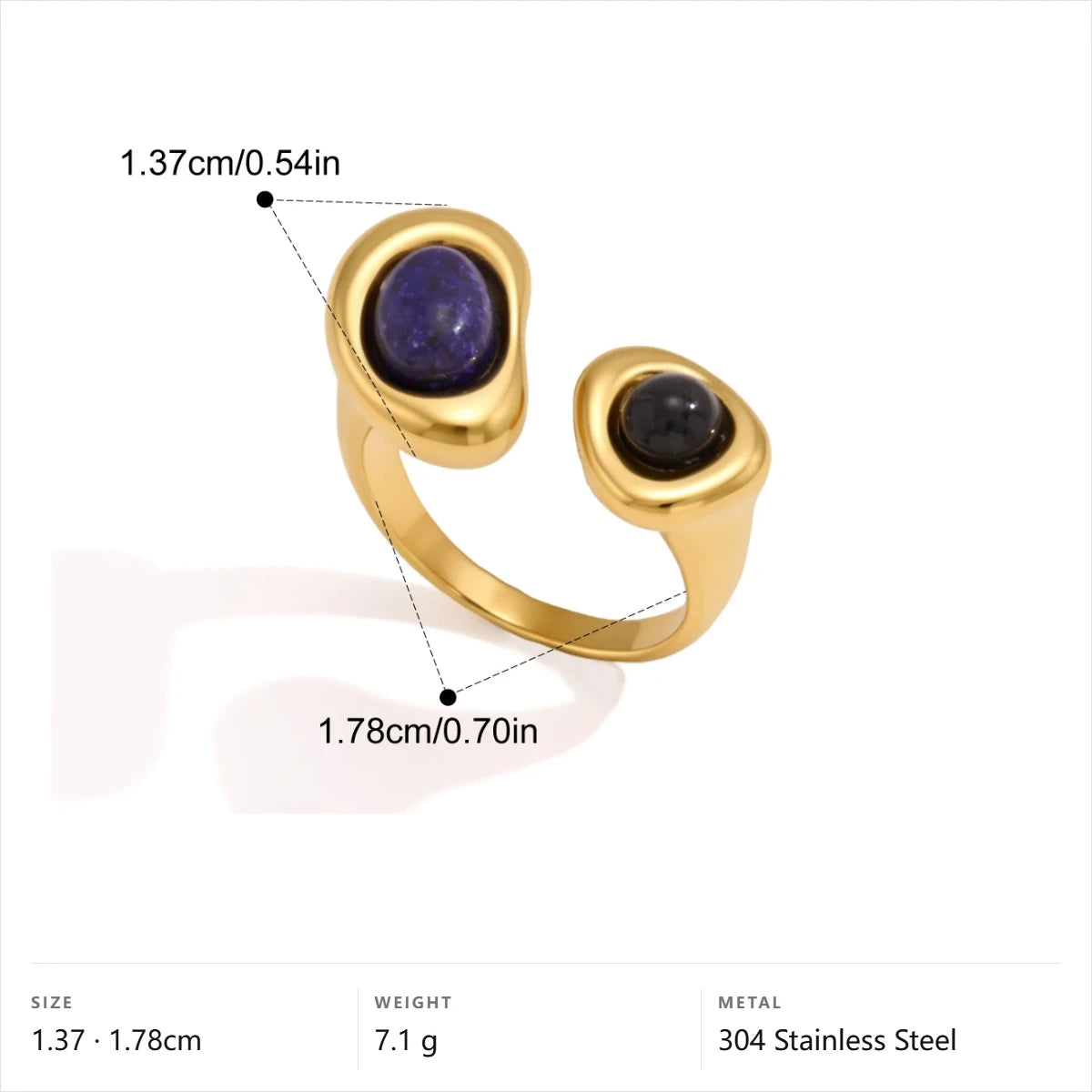 Open Bypass Stone Ring — Lapis Lazuli& Black Obsidian · Gold