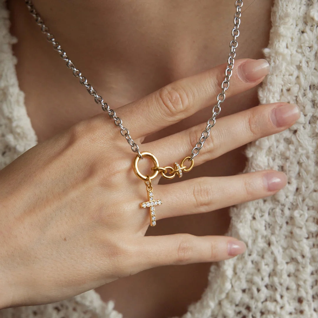 Two Tone Heart and Cross Necklace — view 3