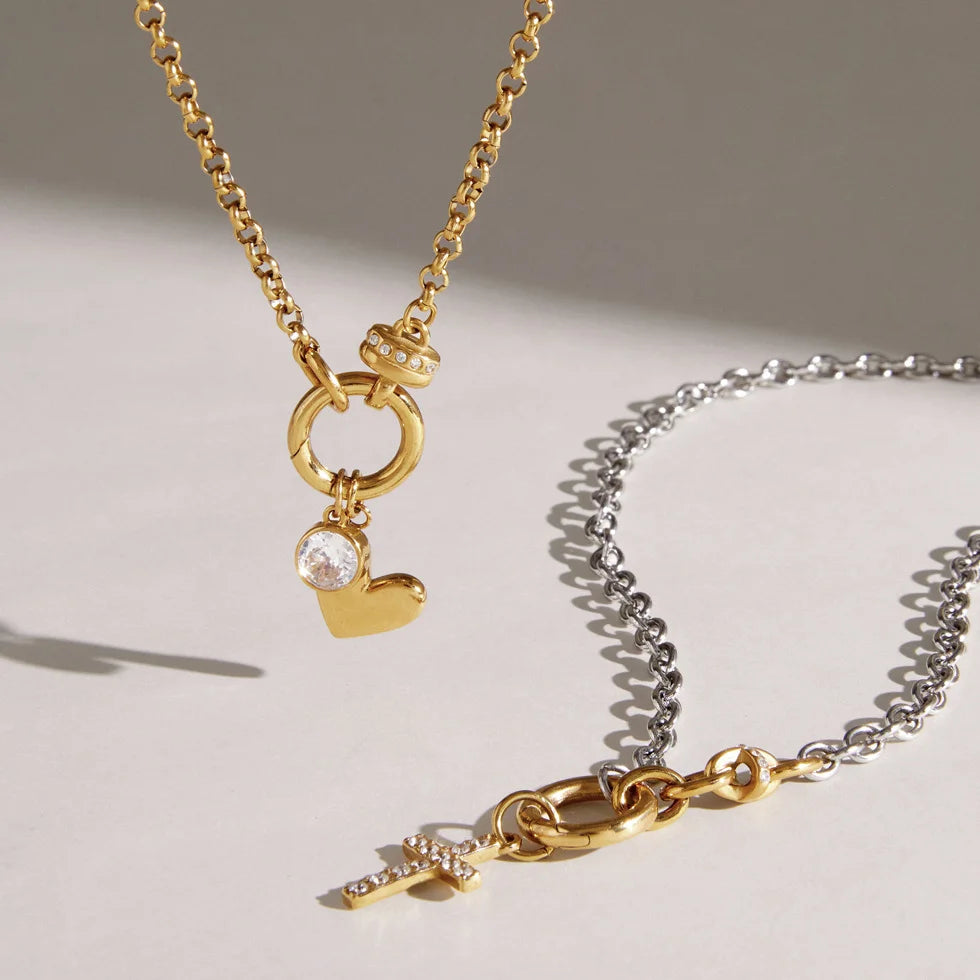 Two Tone Heart and Cross Necklace