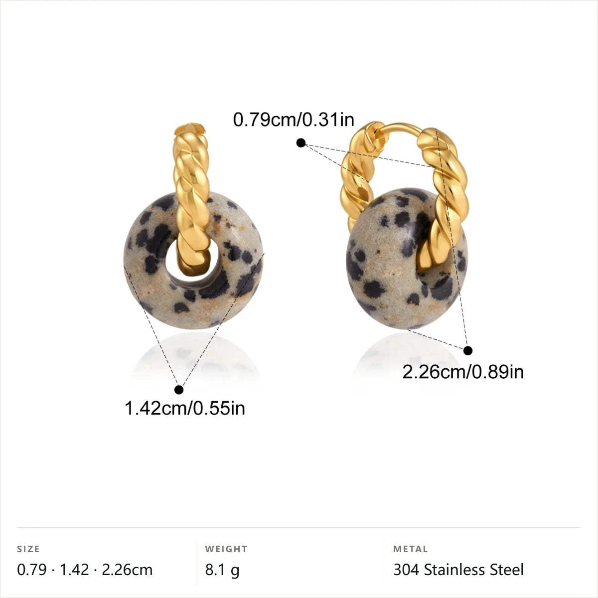 Two-Tone Twist Natural Stone Hoop Earrings — Dolmation Jasper · Gold