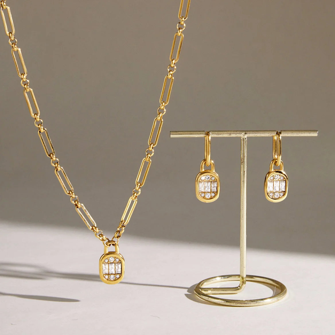 Baguette Lock Pendant and Hoop Set