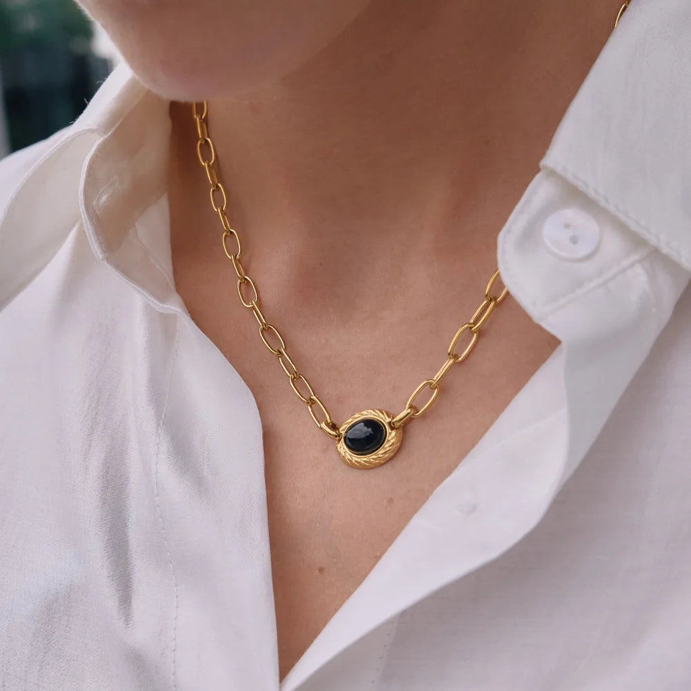 Oval Cabochon Natural Stone Link Necklace — view 2