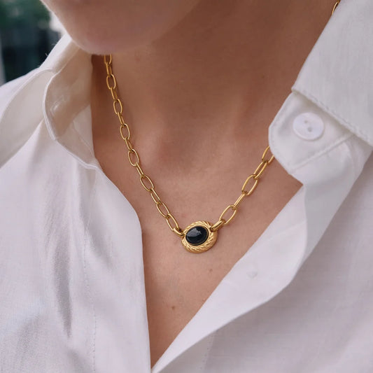 Oval Cabochon Natural Stone Link Necklace — view 2