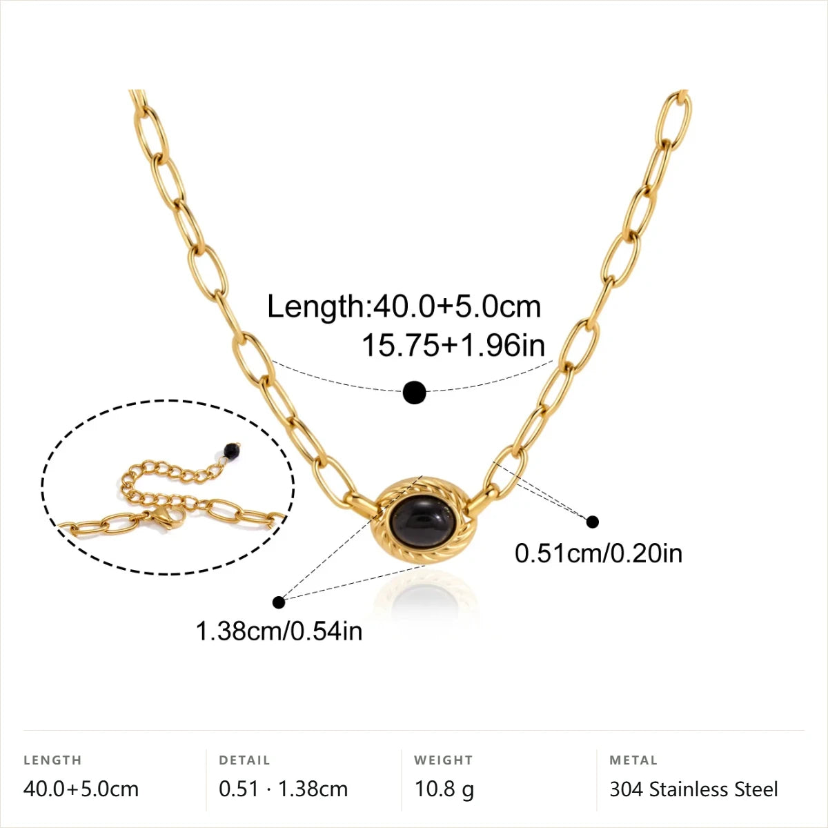 Oval Cabochon Natural Stone Link Necklace — Black Obsidian · Gold